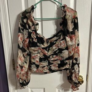 Lulu's Black and Pink Ruched Ruffled Cropped Blouse